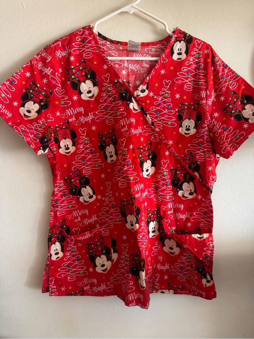 Disney Red Holiday Scrub Top With Pockets